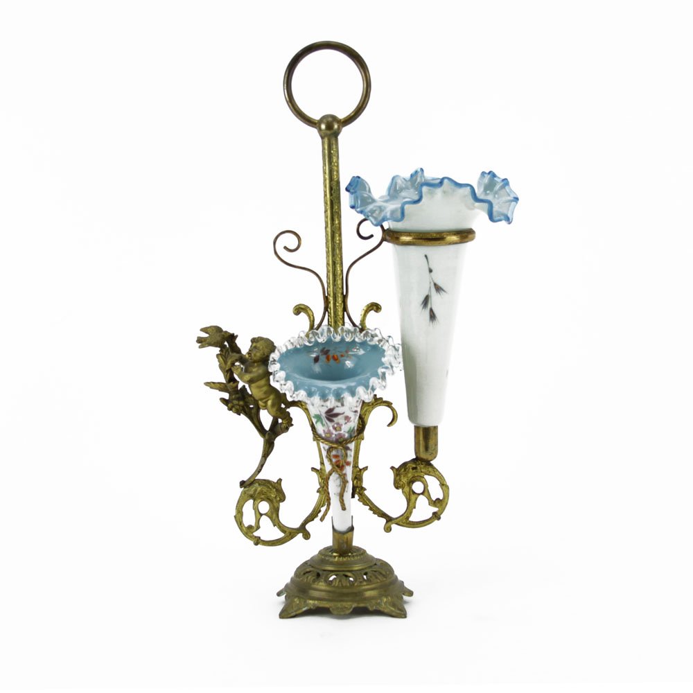 Victorian Enameled Cased Glass and Bronze Epergne.: Victorian Enameled Cased Glass and Bronze Epergne. Unsigned. Good condition. Measures 16-3/4" H x 9-1/2" W. Shipping $52.00 (estimate $150-$250)