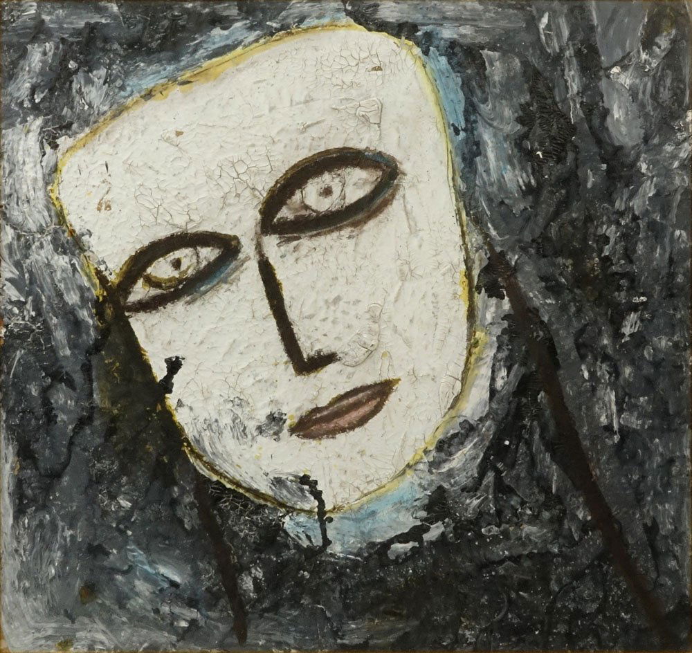 Jamali, United States/Pakistan (b-1944) Original: Jamali, United States/Pakistan (b-1944) Original Tempera Fresco Oil on Canvas "White Face". Unsigned, artist's label en verso. Small nicks, wear to surface of the painting or else good condition. Fram