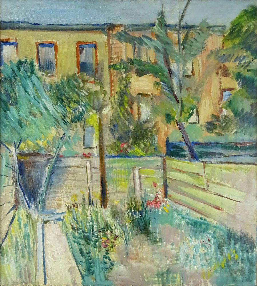 Attributed to: Hans Purrmann, German (1880-1966) Oil on: Attributed to: Hans Purrmann, German (1880-1966) Oil on Canvas "Dia Hinterhof". Artist label en verso. Very Good Condition. Measures 22" x 20" Frame 28" x 25-1/2". Shipping $165.00 (estimate $3,000-$5