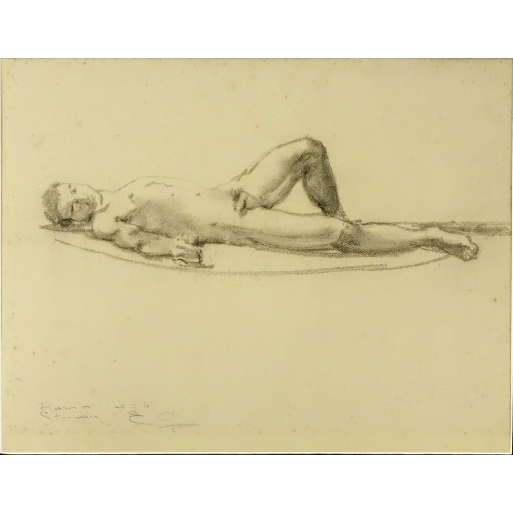 Emilio Ambron, Italian (1905-1996) Charcoal on paper: Emilio Ambron, Italian (1905-1996) Charcoal on paper "Reclining Male Nude" Bears inscription "Roma 1925, Studio, Signed E.A. Light toning and foxing or in good condition. Measures 18-1/2" x 24-1/2". S