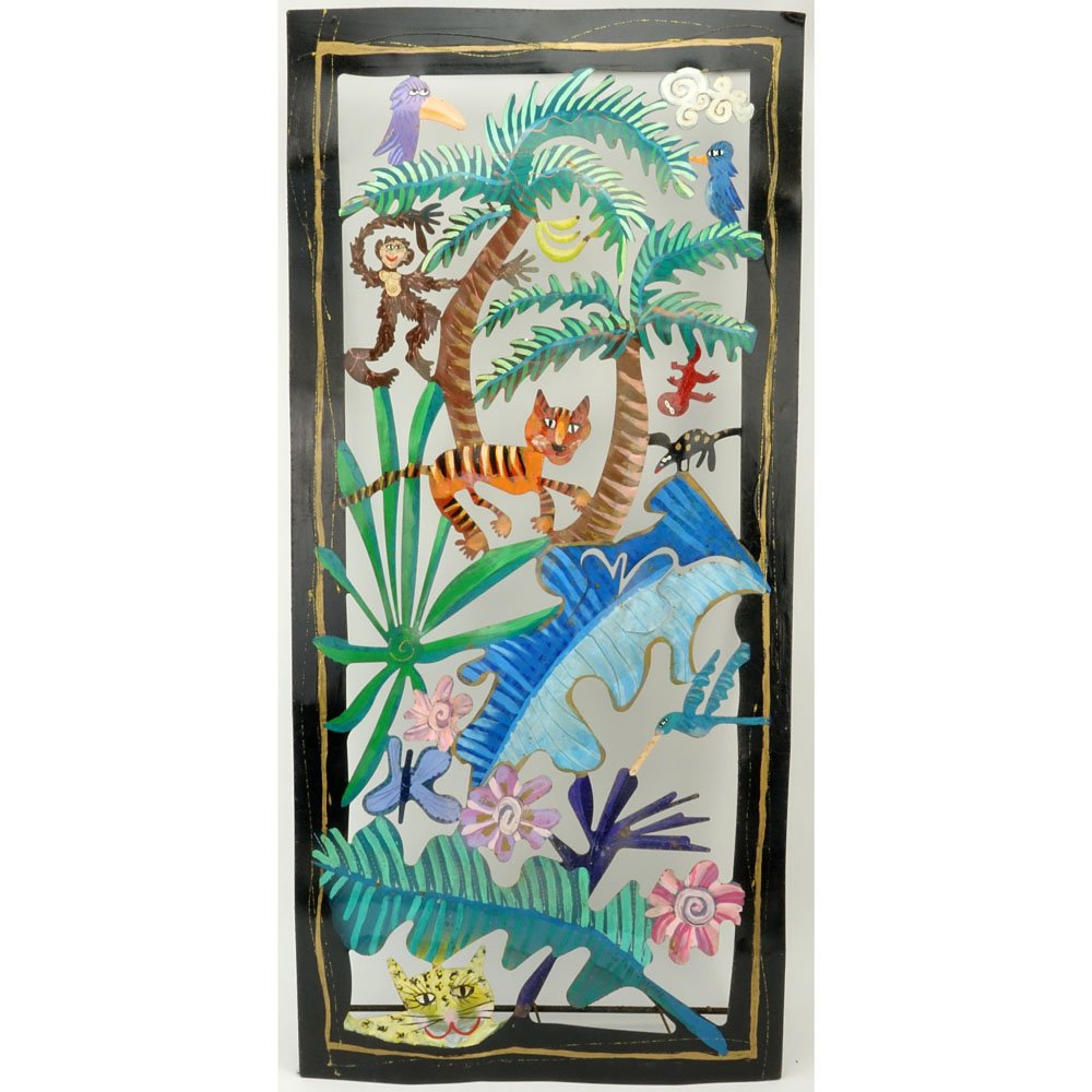 Signed Karen Rossi Jungle Metal Wall Sculpture Dated: Signed Karen Rossi Jungle Metal Wall Sculpture Dated 1994. Wear to metal, minor bending or else good condition. Measures 37" H x 17-1/4" W. Shipping: Third party (estimate $100-$150)