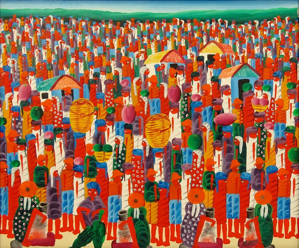 Laurent Casimir, Haitian (20th-21st cent.) Acrylic on: Laurent Casimir, Haitian (20th-21st cent.) Acrylic on Canvas, Village Scene. Signed lower right. Good condition. Measures 20" H, 24" W; frame measures 26" H, 30" W. Shipping $225.00 (estimate $150-$25