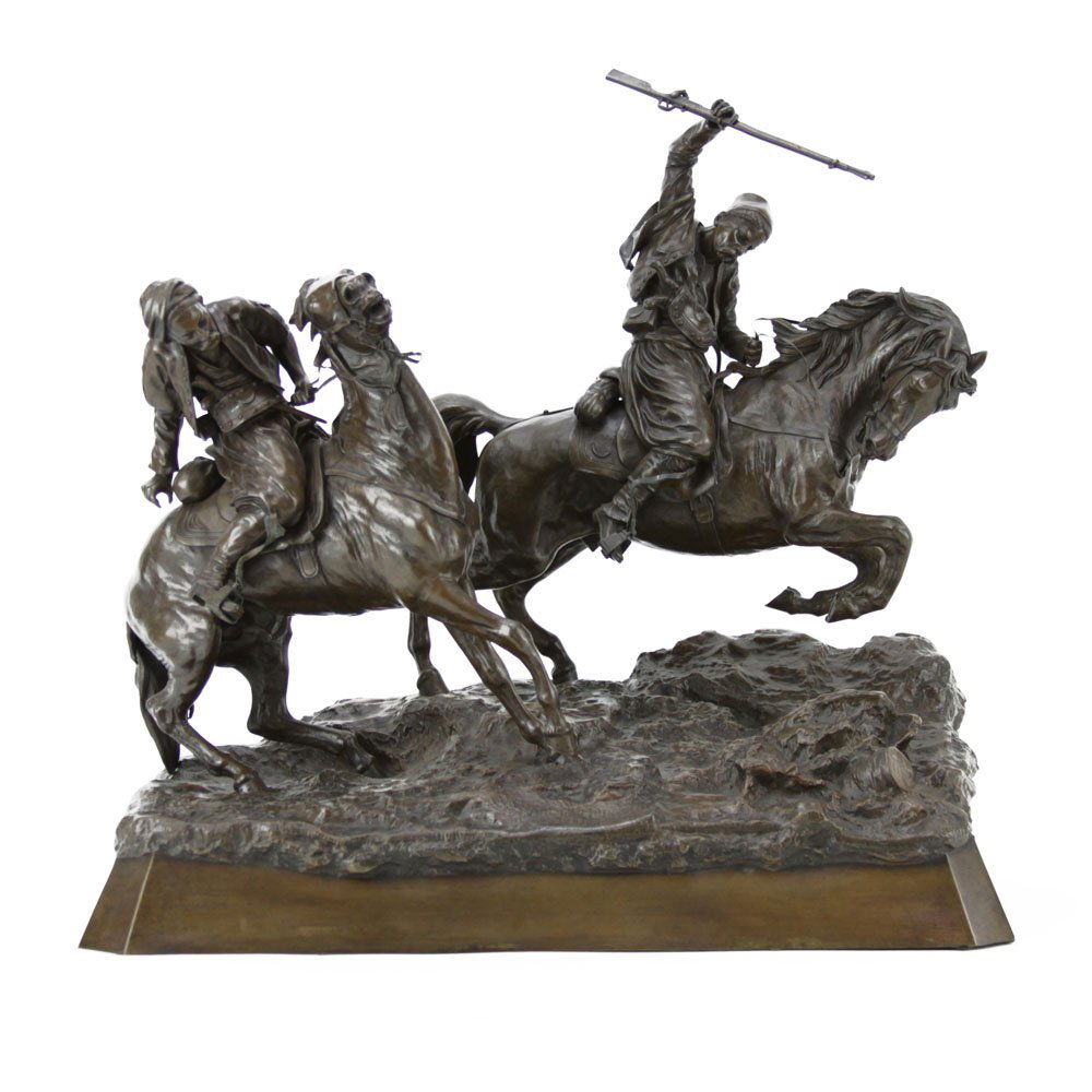 Vasili Yacovlevitch Grachev, Russian (1831-1905) Bronze: Vasili Yacovlevitch Grachev, Russian (1831-1905) Bronze group "Galloping Cherkessians" Stamped signed in the base in Cyrillic 'Lep. Grachev' 'Fabr. C.F. Woerffel' , also a round stamp. Rich medium bro