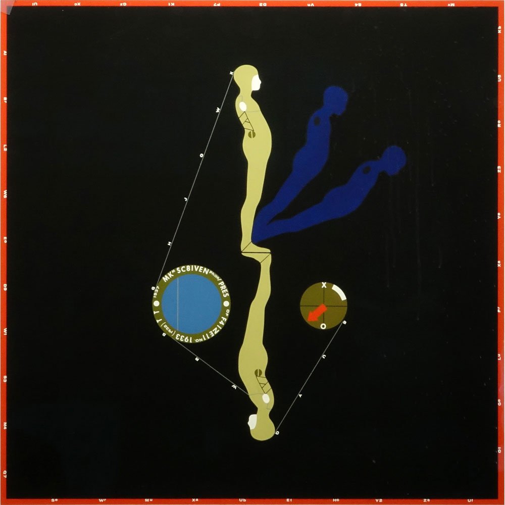 Ernest Trova, American (1927-2009) Color Silkscreen: Ernest Trova, American (1927-2009) Color Silkscreen "Falling Man" on Linen Paper Signed and Dated 1967 Lower Right. Number 48/75. Provenance en Verso. Good condition. Frame measures 26" H x 26" W. Shi