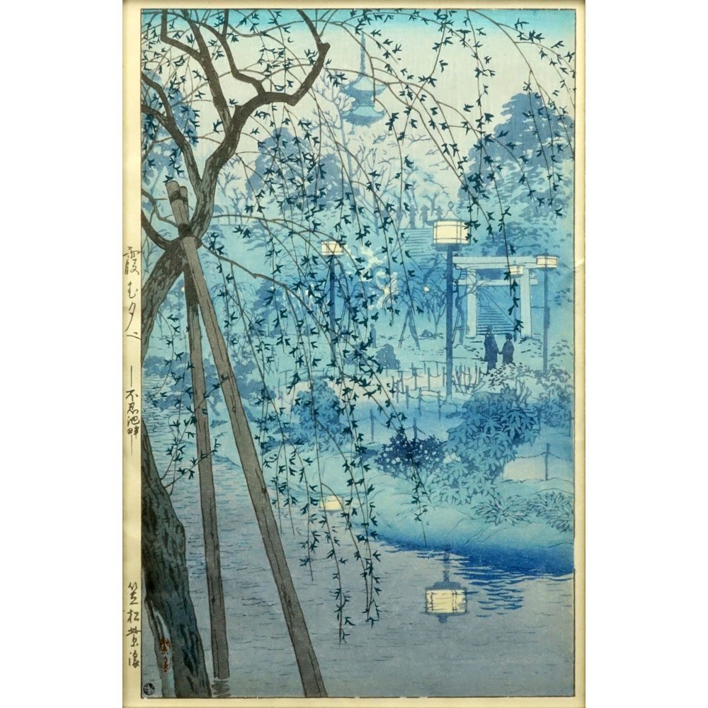 Shiro Kasamatsu (1898-1991) Japanese Woodblock "Misty: Shiro Kasamatsu (1898-1991) Japanese Woodblock "Misty Evening at Shinobazu Pond" Print. Red seal mark on print, titled and date on left margin. Good condition. Frame measures 20-1/4" H x 16-1/4" W. Sh