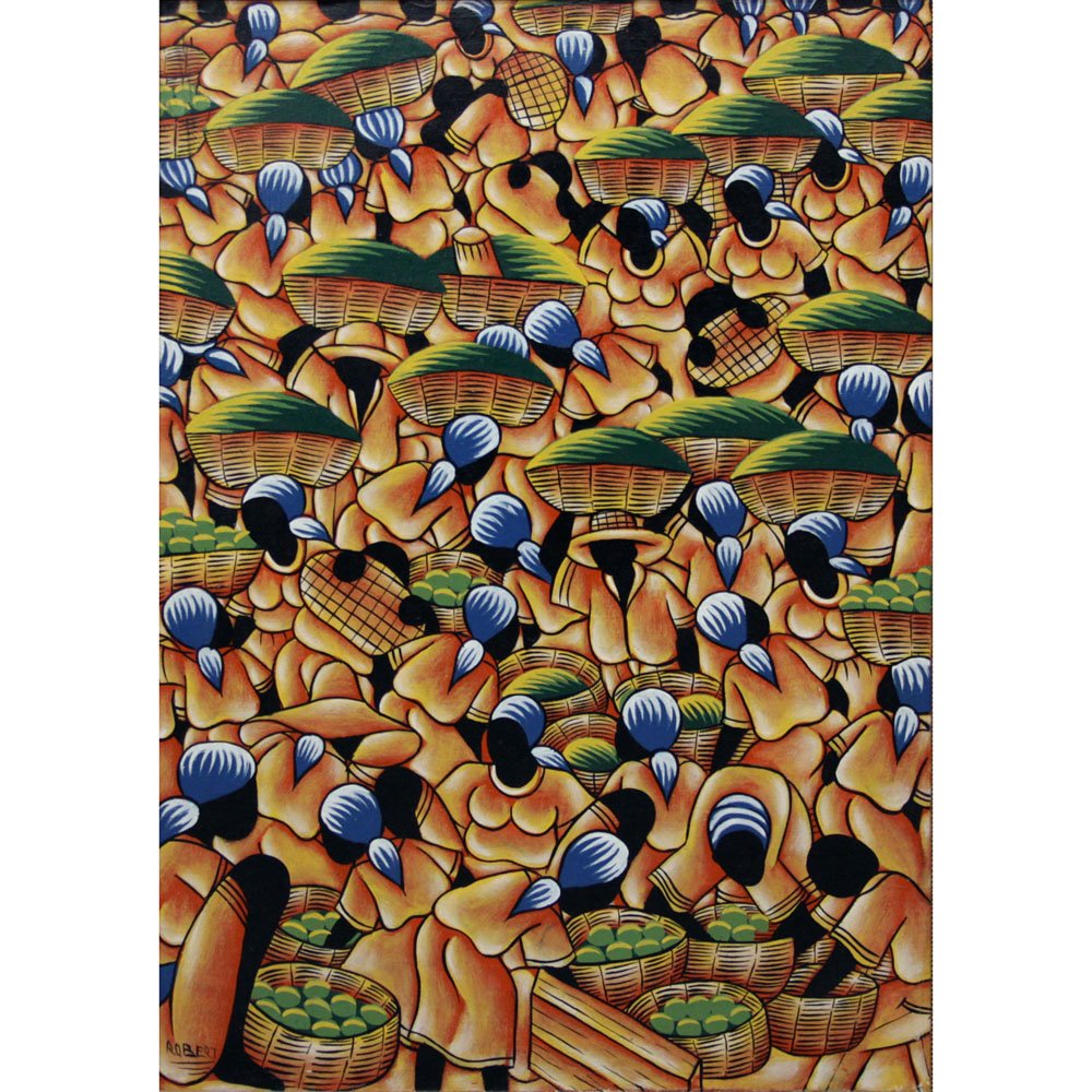 Colorful Haitian Oil On Canvas "Busy Marketplace" (1 of 4)