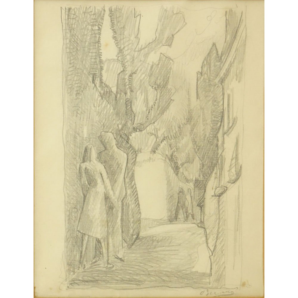 Andre Derain, French (1880-1954) Pencil on paper: Andre Derain, French (1880-1954) Pencil on paper "Figures On A Village Street". Signed lower right. Toning from age, light foxing. Measures 7-7/8" x 6" (sight), frame measures 13-5/8" x 11-5/8". Shipp