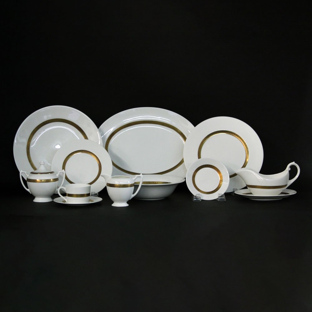 Fifty-Six (56) Piece Coalport "Val D'or" Porcelain: Fifty-Six (56) Piece Coalport "Val D'or" Porcelain Dinner Service. Includes: 12 dinner plates, 12 salad plates, 12 bread/butter plates, 1 large serving plate, 1 large oval serving dish, 12 cups, 12 sa