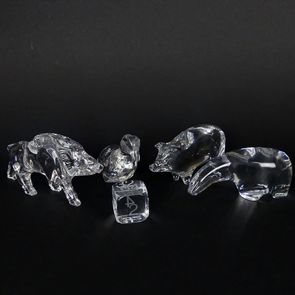 Lot of Five (4) Baccarat Crystal Figurines. Includes: Lot of Five (4) Baccarat Crystal Figurines. Includes warthog 3-1/2", anteater, pig, dice (small chips). All pieces signed. Very good condition or as described. No Boxes. Shipping $48.00 (estimate $100