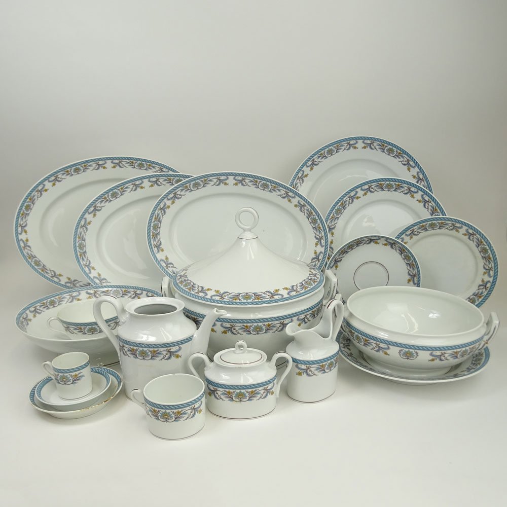 Richard Ginori Two Hundred Thirty Seven (237) Piece Set: Richard Ginori Two Hundred Thirty Seven (237) Piece Set of Porcelain Dinnerware. Blue Rope Band, Blue & Gold Floral Rim. Includes: 48 dinner plates 9-3/4", 24 soup plates, 24 side plates 7-3/4", 12 ha