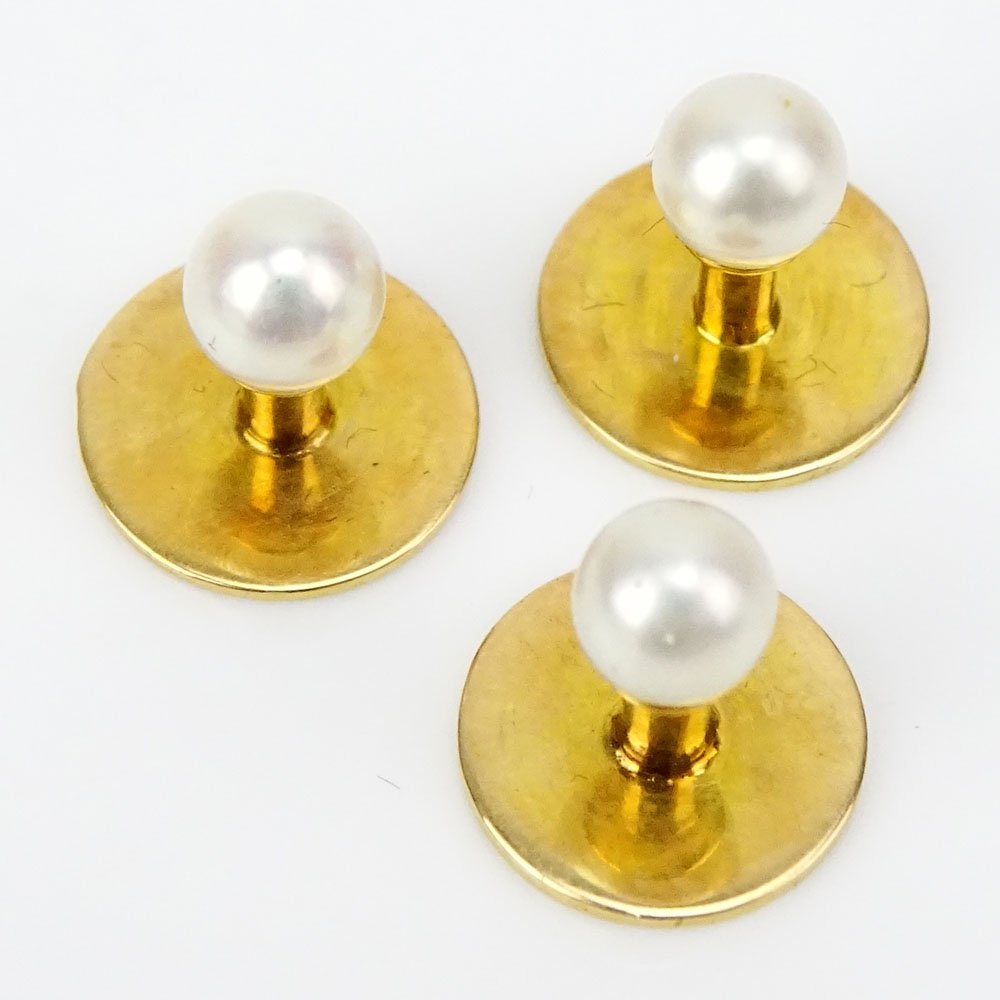 Vintage Sir John Bennett LTD, London Boxed Set of Three: Vintage Sir John Bennett LTD, London Boxed Set of Three 14 Karat Yellow Gold and Pearl Shirt Studs. Pearls measure 4.5mm. Good condition Shipping $30.00 (estimate $50-$100)