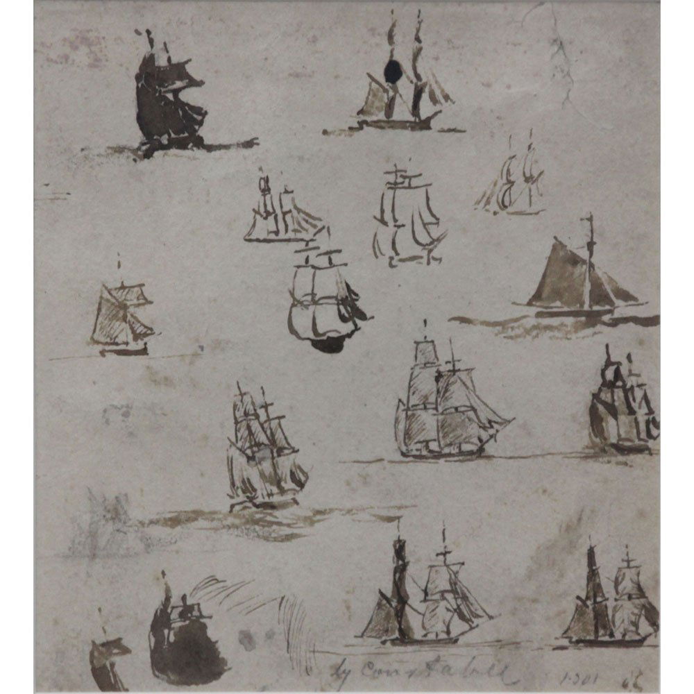 Attributed to: John Constable, English (1776-1837) Pen,: Attributed to: John Constable, English (1776-1837) Pen, Brown Wash, and Pencil Sketch Drawing of Ships on Paper. Pencil Signed in the Plate. Numbered 1/501. Small crease to top right corner, Good cond
