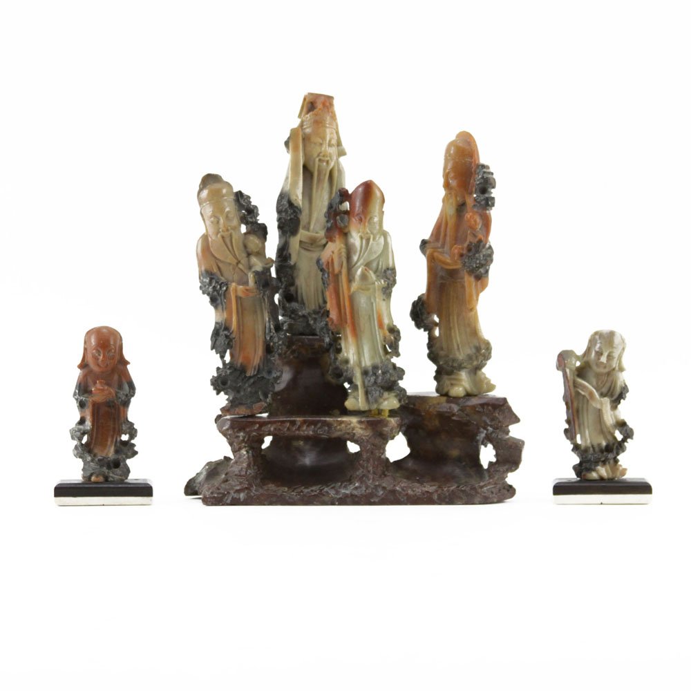 Grouping of Three (3) Chinese Carved Soapstone: Grouping of Three (3) Chinese Carved Soapstone Figurines. Minor wear from age, good condition. Largest measures -1/2" H x 6-1/4" W. Shipping $42.00 (estimate $250-$350)