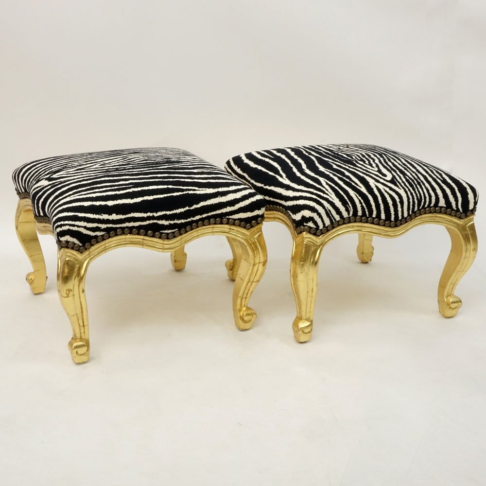 Pair of Vintage Louis XV style Carved and Gold-Leafed: Pair of Vintage Louis XV style Carved and Gold-Leafed Tabourets with Faux Zebra Upholstery. Very good condition. Measure 12" H, 15" sq. Shipping $160.00 (estimate $300-$500)