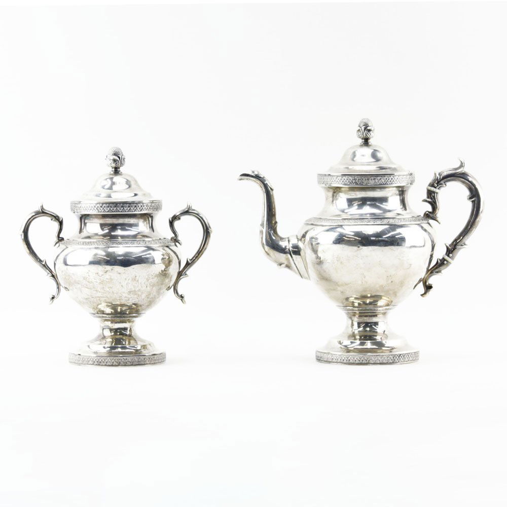 Antique American Ball, Tompkins & Black Two (2) Piece: Antique American Ball, Tompkins & Black Two (2) Piece Coin Silver Tea Set. Successor to Marquand & Co New York Circa 1800s. Includes: Tea pot and covered sugar. Repousse trim, decorative scrolled hand