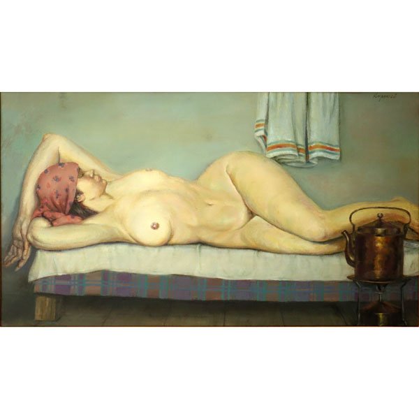 20th Century Russian Social Realism Oil on Canvas,: 20th Century Russian Social Realism Oil on Canvas, Reclining Nude. Signed Korshov upper right. Russian Custom's Export Stamp to verso.Good condition. Measures 21" H, 36-3/4" W; frame measures 27" H, 4