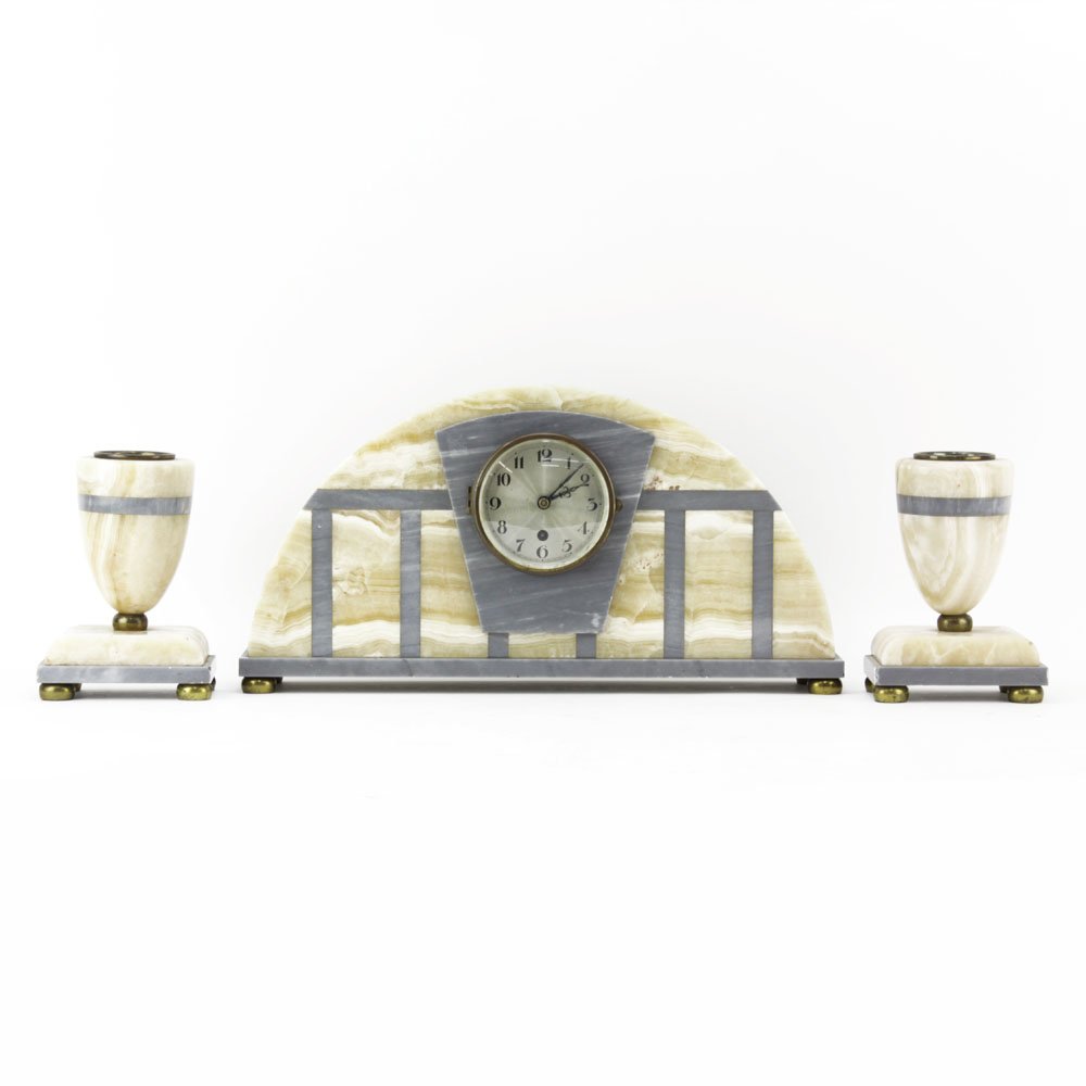 3Pc. French Art Deco Half Moon Marble Clock Garniture (1 of 4)