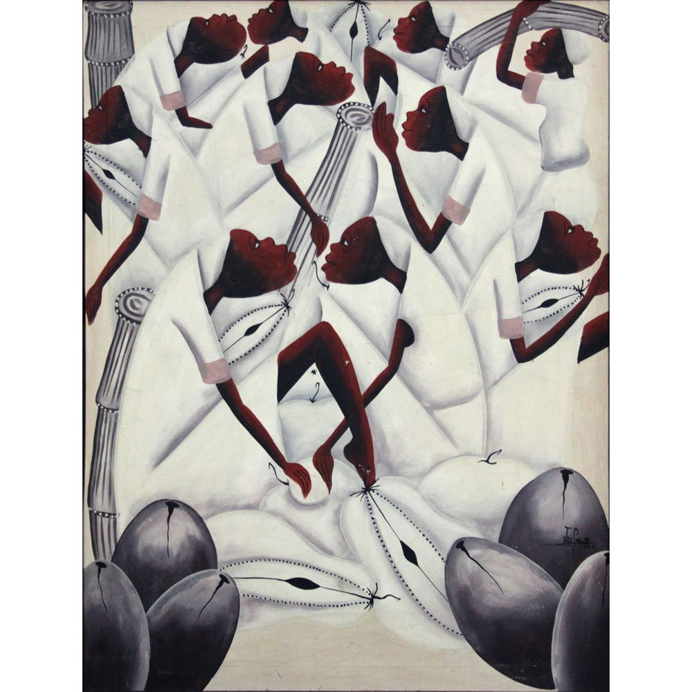 Haitian "Villagers in White" Folk Art Oil Painting: Haitian "Villagers in White" Folk Art Oil Painting Signed Jules Lower Right. Depicts a abstract ceremonial gathering. Minor spotting to canvas, good condition. Measures 37" H x 27-1/2" W, frame measur