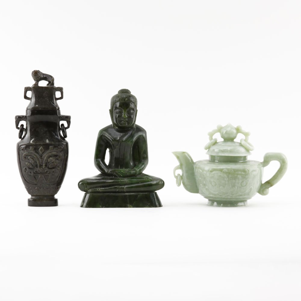 Grouping of Three (3) Chinese Jade Tabletop Items. (1 of 2)