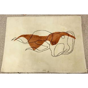 Modern Art Deco Rug with "Nymph" Originally Designed by: Modern Art Deco Rug with "Nymph" Originally Designed by Paul Albert Laurens. Stitched "Laurens" and original gallery tag on underside. Stains, dirty, spotting, (needs cleaning). Measures 82-1/2" H x 6