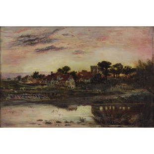 Robert Gallon, British (1845-1925) Oil on canvas: Robert Gallon, British (1845-1925) Oil on canvas "Sundown Near Henley". Signed lower left. Tear lower center, and would benefit from a cleaning. Measures 12" x 18", frame measures 19" x 25-1/2".