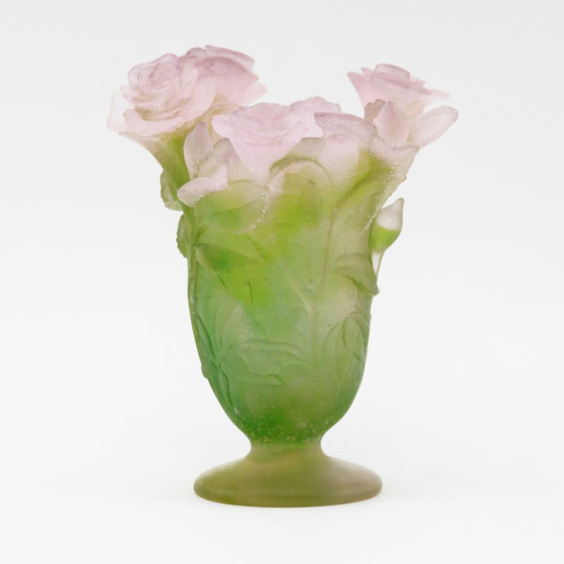 Daum Pate De Verre Floral Vase. Signed. Small chips on: Daum Pate De Verre Floral Vase. Signed. Small chips on flowers or in good condition. Measures 7" H. Shipping $58.00 (estimate $200-$400)