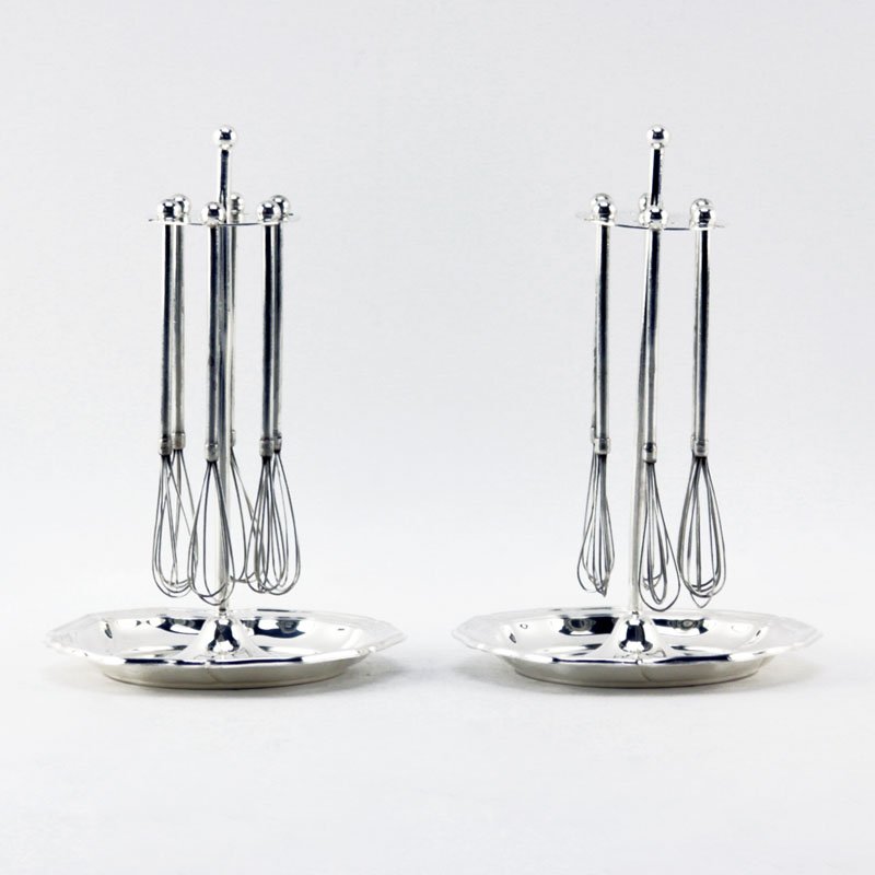 Pair of Lutz & Weiss 835 Silver German Champagne: Pair of Lutz & Weiss 835 Silver German Champagne Whisks/Stirrers with Holders. Stamped and hallmarked on whisks and holders. Good condition. Whisks measures 4-1/2" L, holders measures 6-1/4" H. Total 