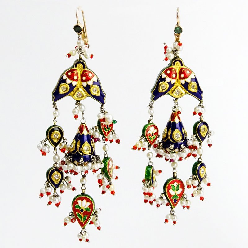 Large Pair of 18 Karat Yellow Gold, Multi Color Enamel, (1 of 2)