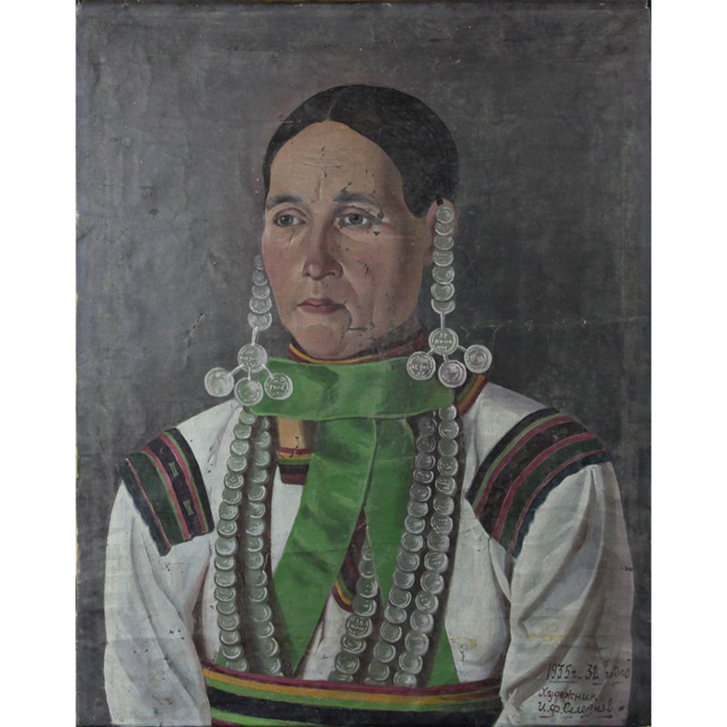 Ivan Fedorovich Seleznev, Ukrainian/Alaskan (1856-1936): Ivan Fedorovich Seleznev, Ukrainian/Alaskan (1856-1936) Oil Painting on Fabric "Indigenous Chief" Signed and Dated 1935 Lower Right. Depicts a portrait of an chief in traditional garments and jewelry.