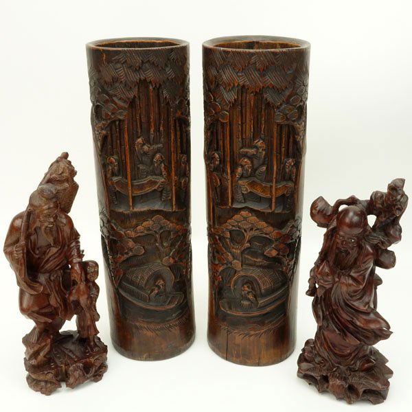 Four (4) Piece Chinese Carved Wood Vases and Figures (1 of 6)
