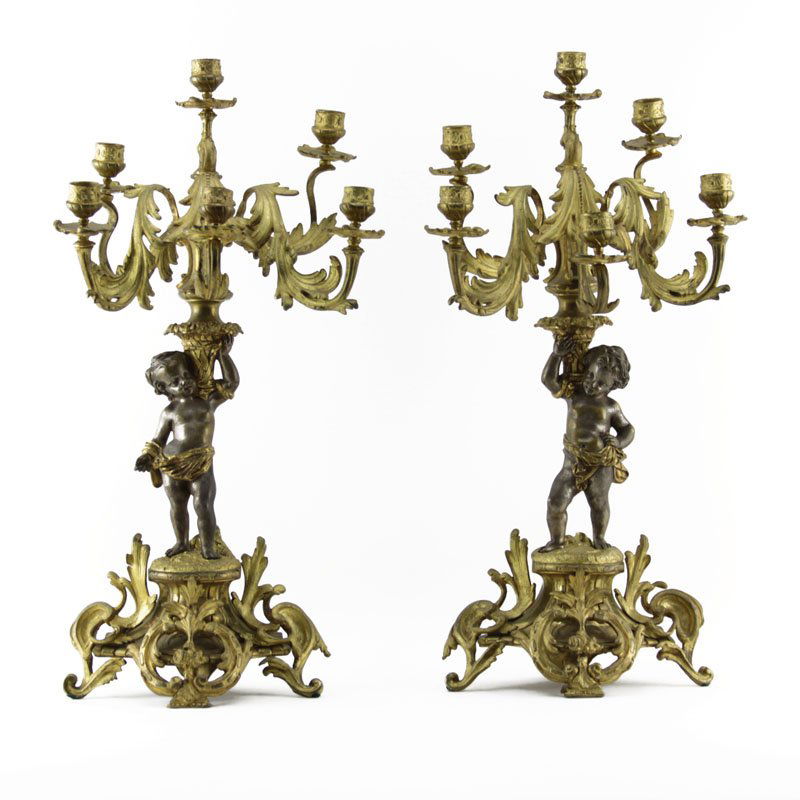 Pair Antique Gilt Bronze Figural Candelabra. Each with (1 of 6)