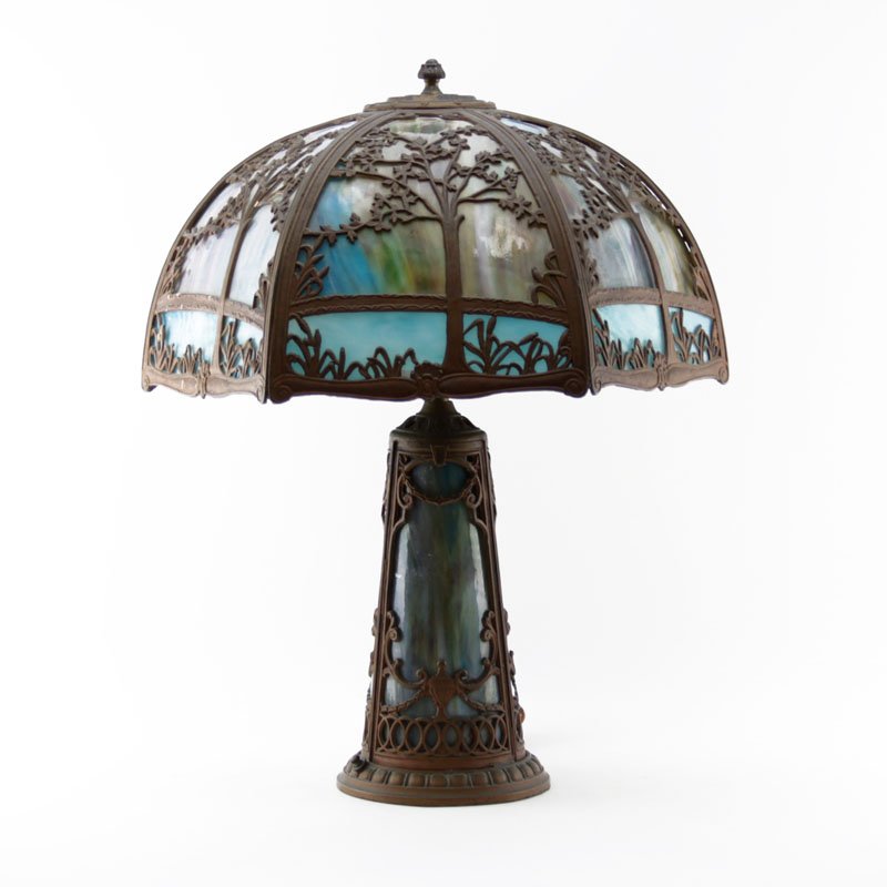 Antique Slag Glass Lamp. Patinated metal. Unsigned. (1 of 6)