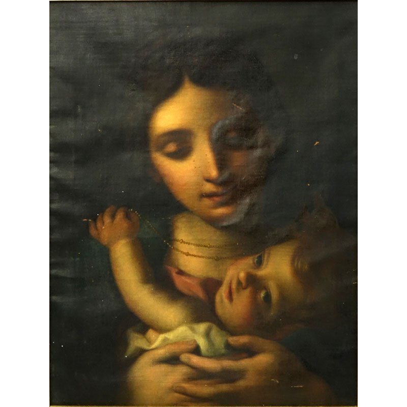 Studio of Giuseppe Angeli, Italian (1712-1798) Oil on: Studio of Giuseppe Angeli, Italian (1712-1798) Oil on Canvas "Madonna and Child". Unsigned. Scratches, small tear, small losses, craquelure. Measures 18-1/2" x 14-1/4", frame measures 22-3/8" x 18-1/2