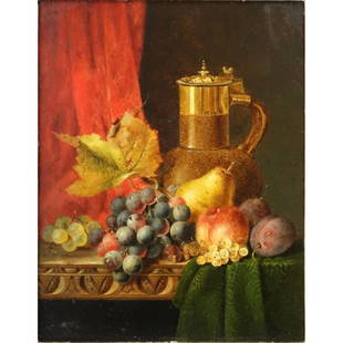 Edward Ladell, English (1821-1886) Antique Still Life: Edward Ladell, English (1821-1886) Antique Still Life Oil on Panel "Fruits of Summer" Dated 1858. Artist name and title on tag, original Windsor & Newton company label En Verso. Minor varnish wear to