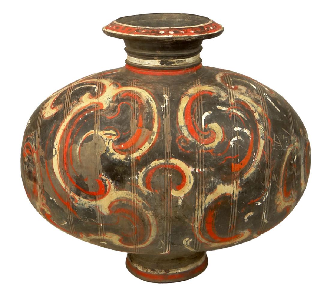 Chinese Han Dynasty (206 BC–AD 220) Pigment Painted: Chinese Han Dynasty (206 BC–AD 220) Pigment Painted Pottery Cocoon Vase. Unsigned. Surface Wear Consistent with Age and Use Otherwise Good Antique Condition. Measures 13 Inches Tall and 13-1/2 Inche