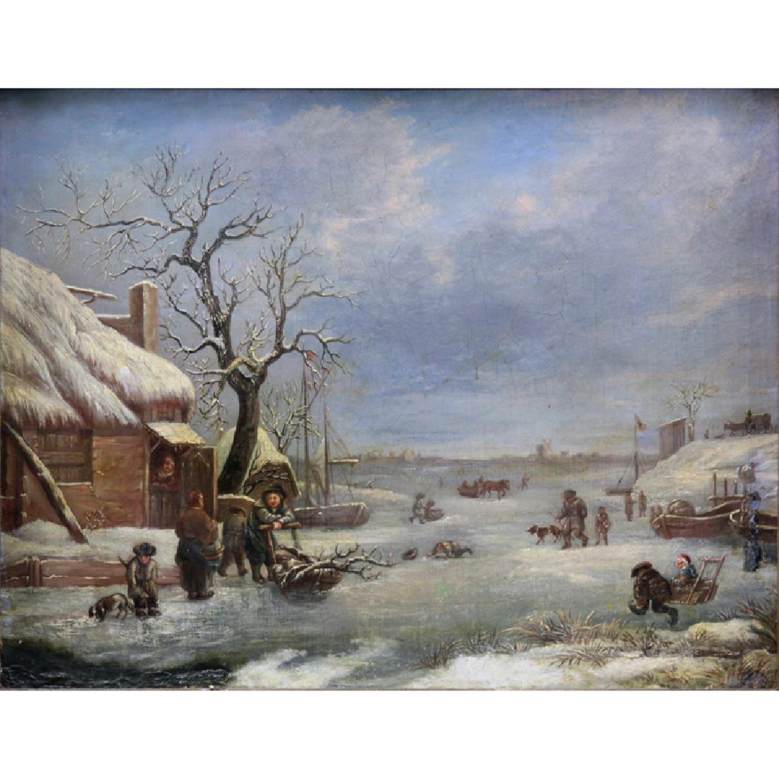 Antique Dutch School Oil on Canvas Winter Scene. (1 of 3)