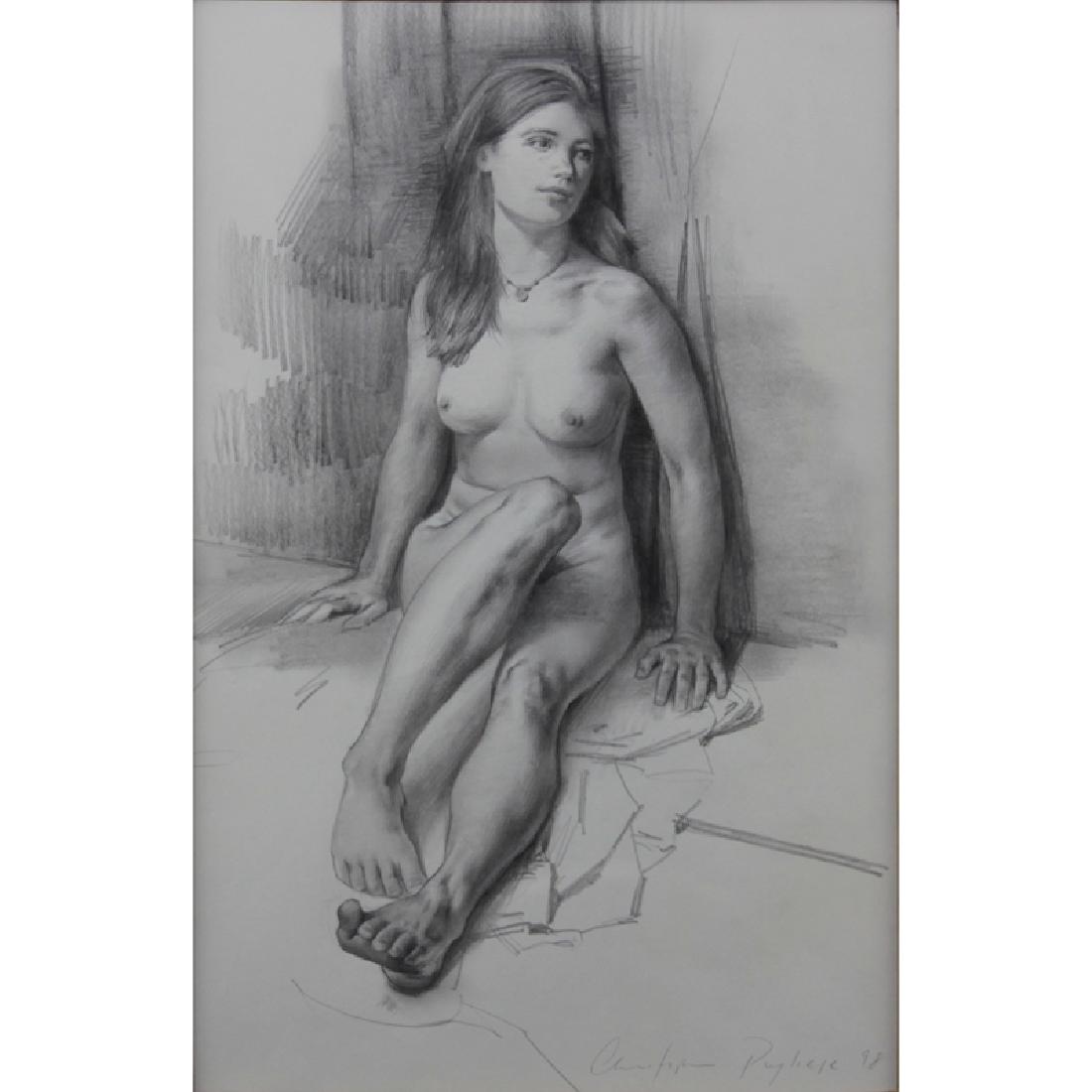 Christopher Winter Pugliese, American (b-1968) Pencil: Christopher Winter Pugliese, American (b-1968) Pencil Drawing on Paper "Seated Nude" Signed and Dated 1998 Lower Right. Eleanor Ettinger Gallery label with artist name and title of work en verso. Good