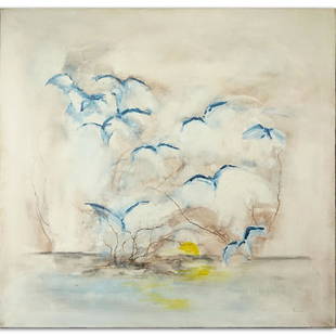 Attributed to: David Aronson, American (1923-2015) Oil: Attributed to: David Aronson, American (1923-2015) Oil on Canvas "Birds in Sunset" Signed Lower Right. Depicts an abstract scene of birds in mid-flight with sunset in the horizon. Good condition. Meas