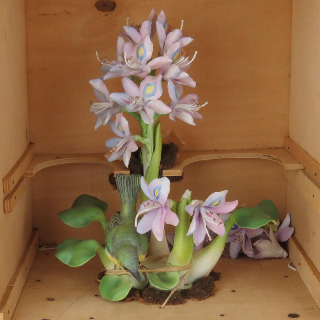 Royal Worcester Dorothy Doughty Yellow Throat with: Royal Worcester Dorothy Doughty Yellow Throat with Hyacinth Porcelain Bird Figurine in custom wood case. No visible signature as it is mounted in case. Broken stems (included). Measures 12" H. Shippin