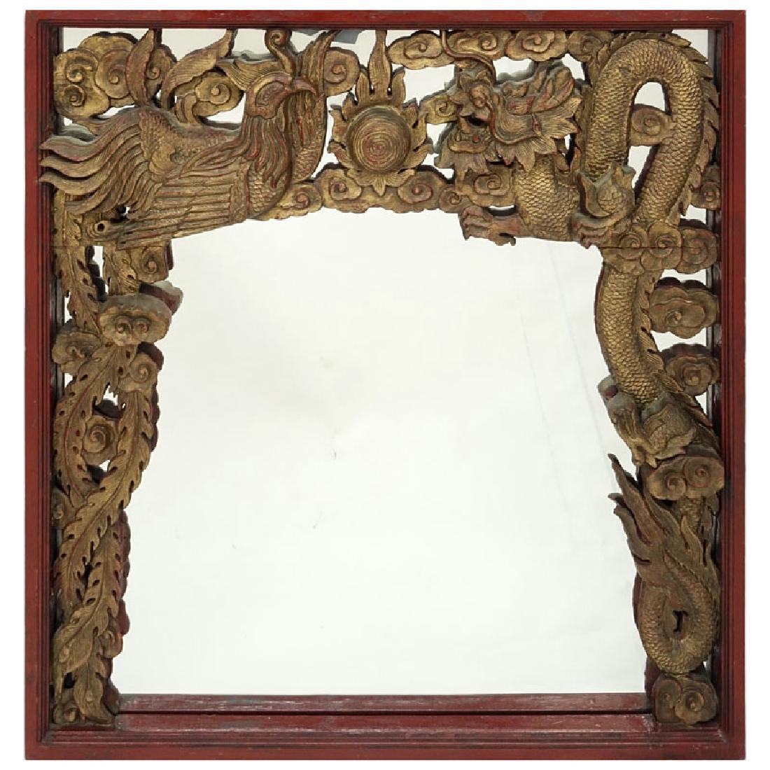 Chinese Hand Carved Painted Wood Frame Wall Mirror. (1 of 2)