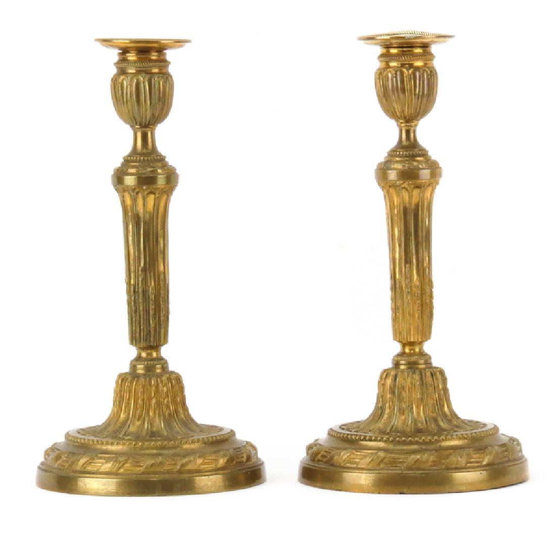 Pair Antique Bronze Candlesticks. Unsigned. One with (1 of 3)