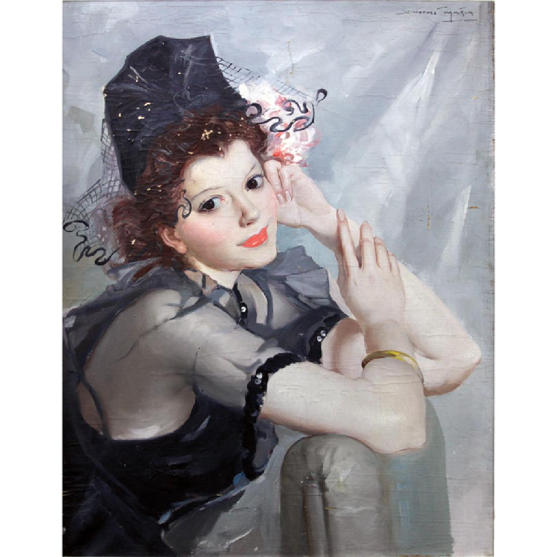 Maria Szantho, Hungarian (1897-1998) Oil on Canvas: Maria Szantho, Hungarian (1897-1998) Oil on Canvas "Posing Beauty" Signed Top Right. Depicts a beauty posing with arms resting on knees and wearing a hat. Some losses to paint, craquelure otherwise go