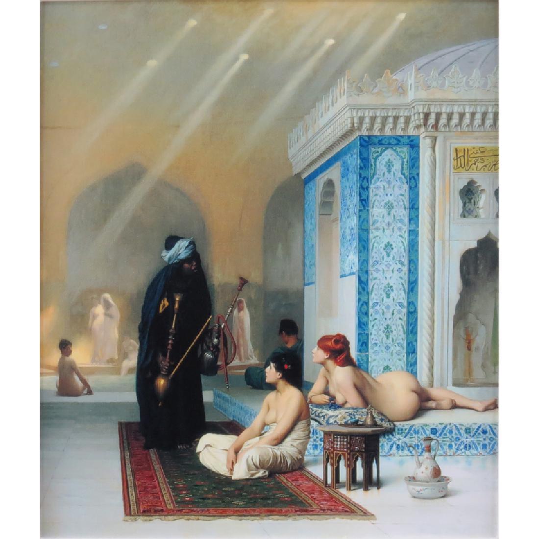 After: Jean Leon Gerome, French (1824-1904) "Pool in a: After: Jean Leon Gerome, French (1824-1904) "Pool in a Harem" Print on Canvas. Stamp marks on underside. Good condition. Measures 16" H x 13-1/2" W (canvas), frame measures 20" H x 17-1/2" W. Shipping