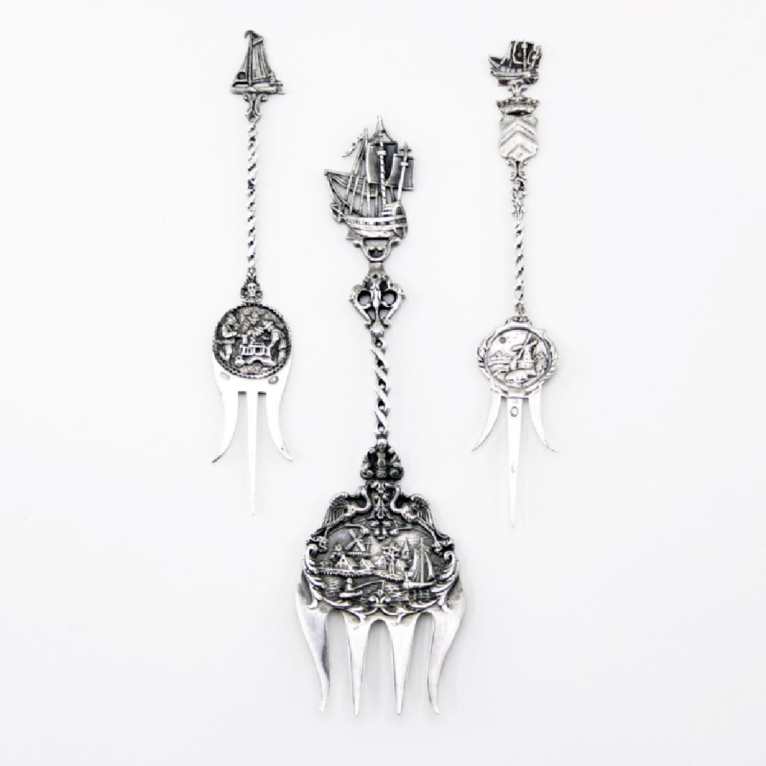 Lot of Three (3) Dutch Silver Serving Forks. Marked (1 of 5)