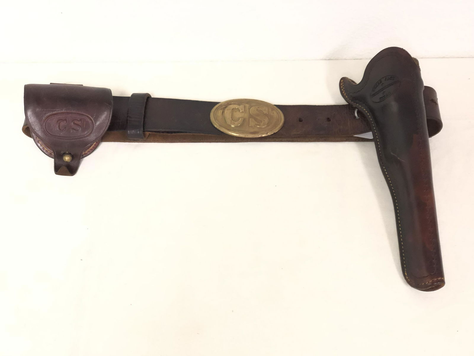 Texas Jack' .51 Navy / .60 Army Holster w/ Extras: 'Texas Jack' .51 Navy / .60 Army Holster w/ Extras - Leather Belt w/ Holster, Brass 'CS' Buckle + M.H. Richmond & Sons 'CS' Ammo Pouch