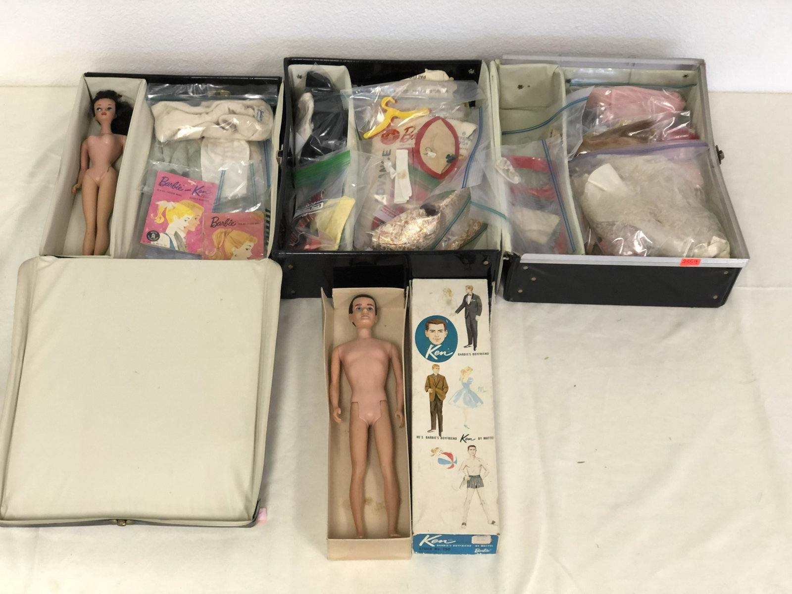 1958 - 60s Barbie, Ken, Case + More: 1958 - 60s Barbie, Ken, Case + More - 1958 Barbie, 1960s Ken w/ Box, 2 Ponytail Cases, Clothes, Hats + More