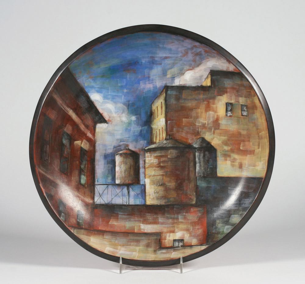 Signed, 'Lidya Buzio' Painted N.Y. Rooftops Charger -: Signed, 'Lidya Buzio' Painted N.Y. Rooftops Charger - Signed, Mid Century, Shallow Bowl / Charger 13.25'' Across, Artist in Museum Collections