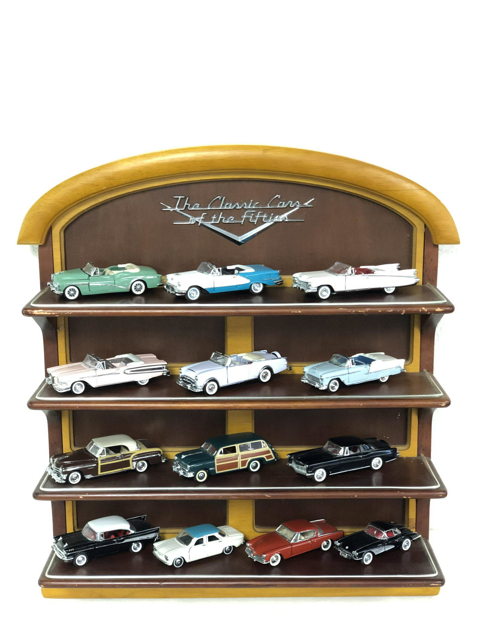 Franklin Mint Cars of the 50's on Display: Franklin Mint Cars of the 50's on Display - (13) Cars Total, 1/43 Scale, 4 Shelf Wooden Wall Display