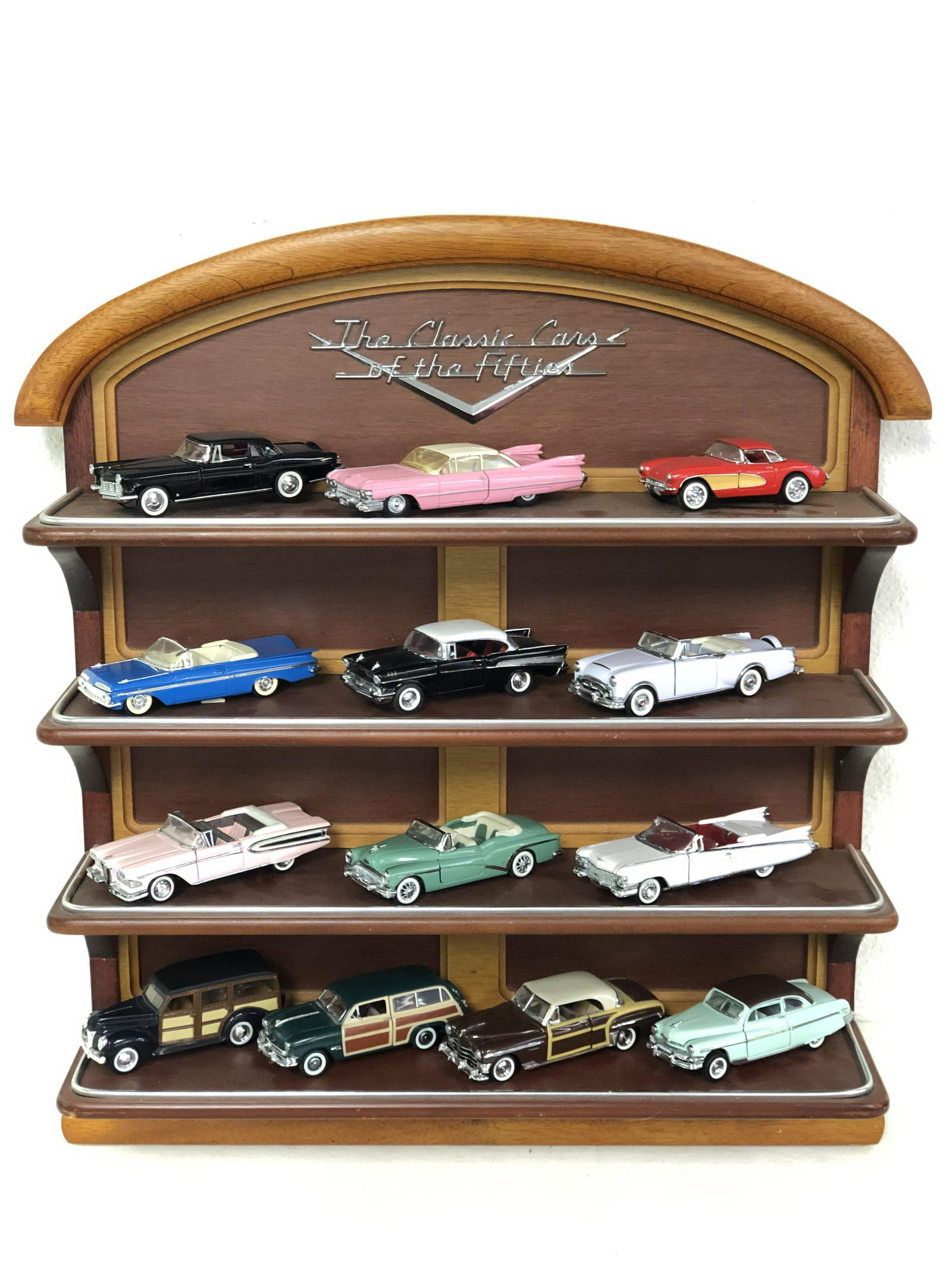Franklin Mint Cars of the 50's w/ Display: Franklin Mint Cars of the 50's w/ Display - (13) Asst Model Cars w/ Wooden Wall Display (19'' x 20'')