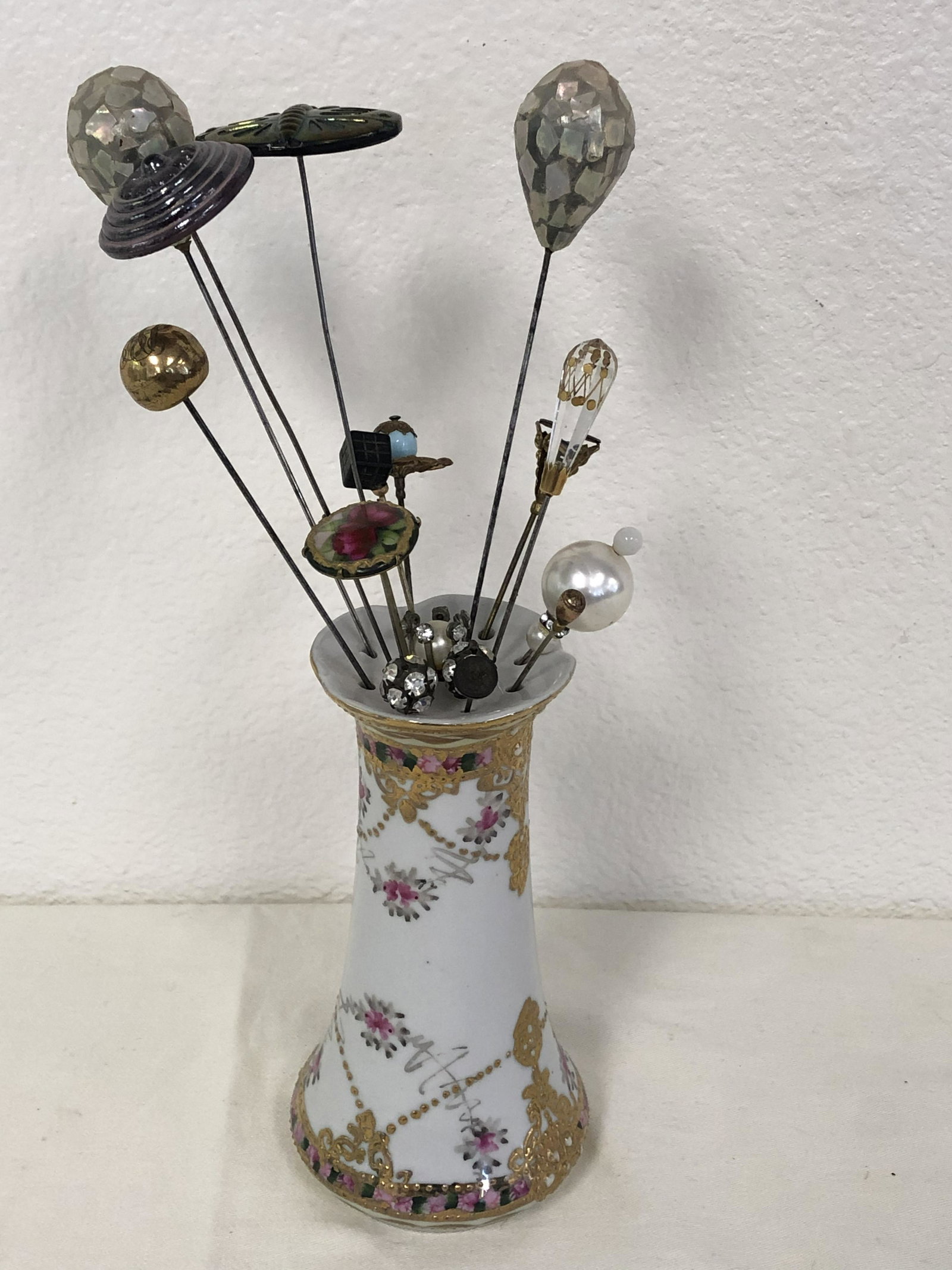 16 Asst Victorian / Antique Hat Pins in Holder: 16 Victorian / Antique Hat Pins in Holder - Asst Sizes/ Shapes , Handpainted, Glass, Rhinestone + More